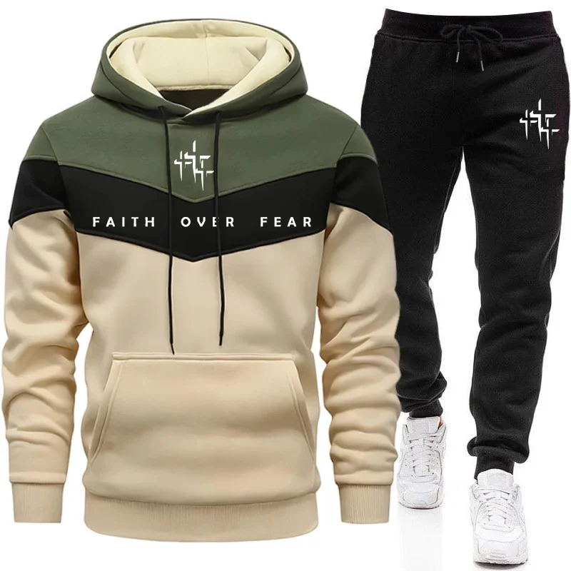 Men'S Fashion Usa - Faith Over Fear メンズ トラックスーツ フード付きスウェットシャツとジョガーパンツ