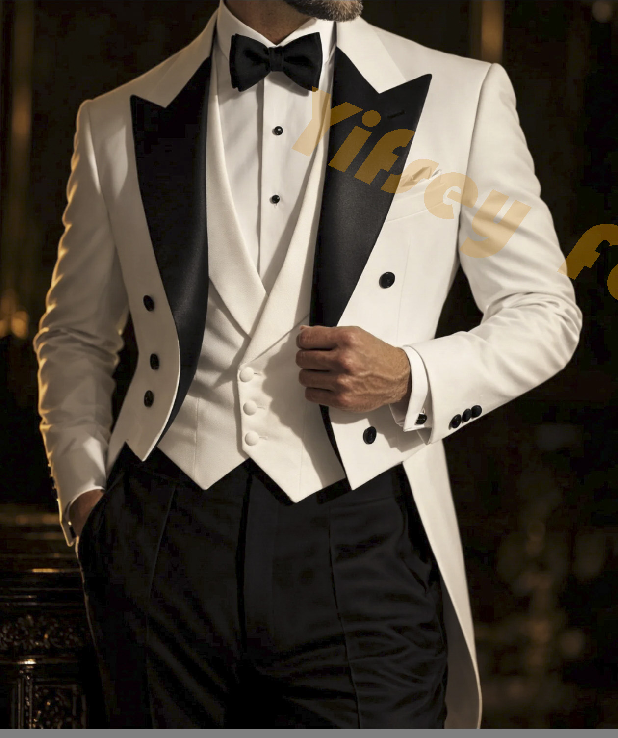 Slim Fit Blazer Men - 白い燕尾服、黒のパンツ、メンズスーツセット、結婚式新郎用カスタムメイド、ディナーパーティーウェア、男性用ベスト、スリムフィットブレザー、トラウザーズ、アウトフィット