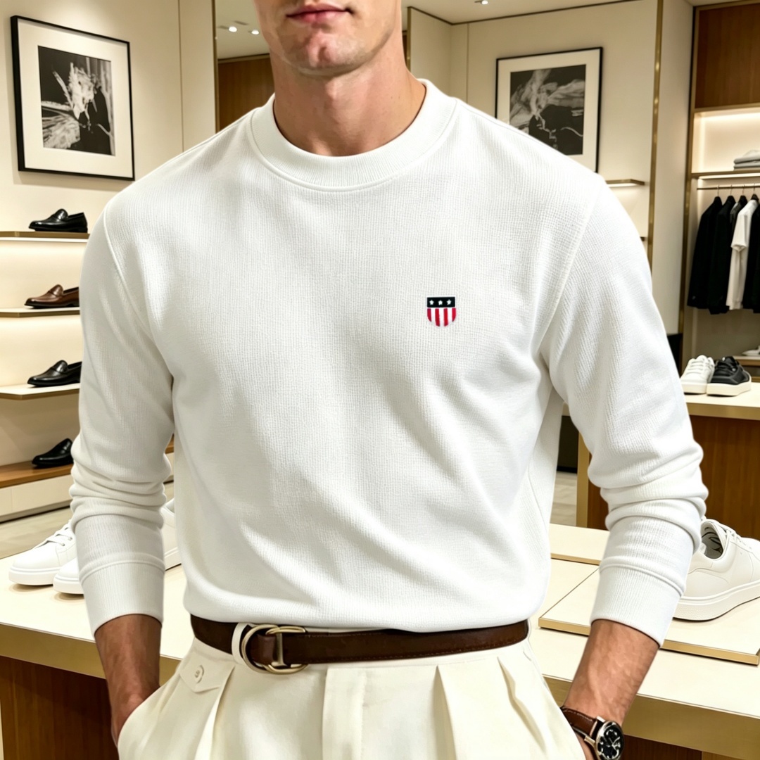 Mens Fashion Top - 柔らかなコットン素材の高級ブランドメンズ長袖ラウンドネックTシャツ、秋のファッション、刺繍入りルーズフィット韓国風スウェットシャツ、カジュアルトップス