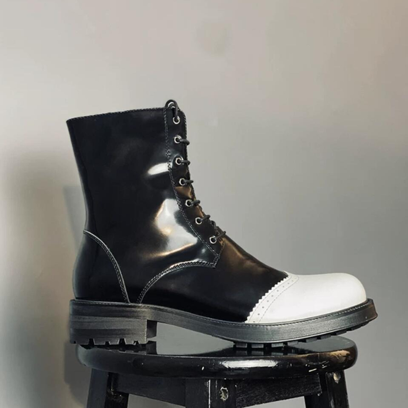 Mens Fashion Caps - メンズ ブラック＆ホワイト パテントレザー モーターサイクルブーツ レースアップ サイドジッパー