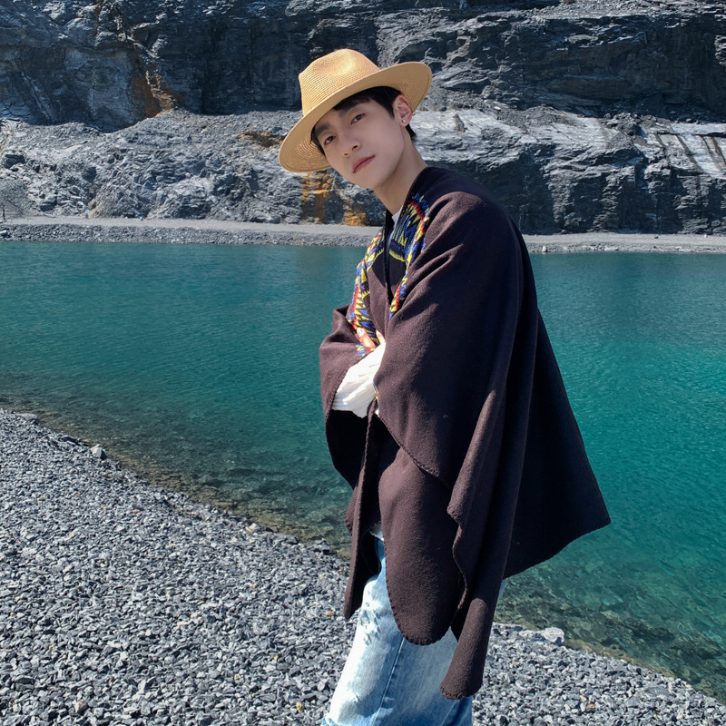 Mens Fashion Poncho - メンズケープ砂漠旅行エスニックスタイルスカーフショール旅行写真ファッションビッグポンチョ暖かい自動運転ツアークロークP2