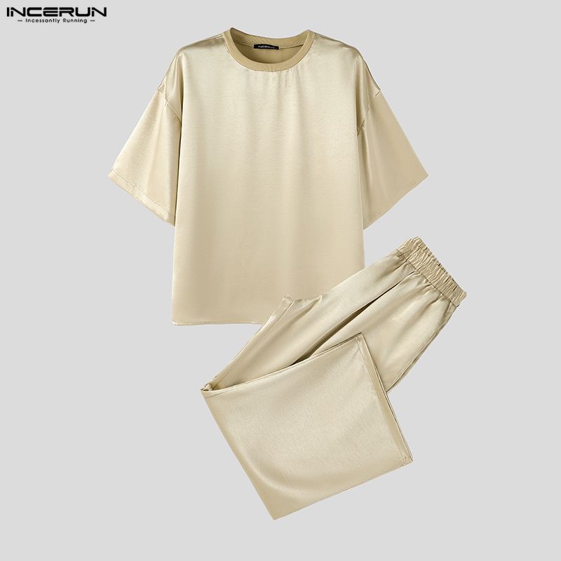 Men'S Fashion Loose Pants - INCERUN メンズセットアップ 無地 ルーズ シャイニー 半袖Tシャツ