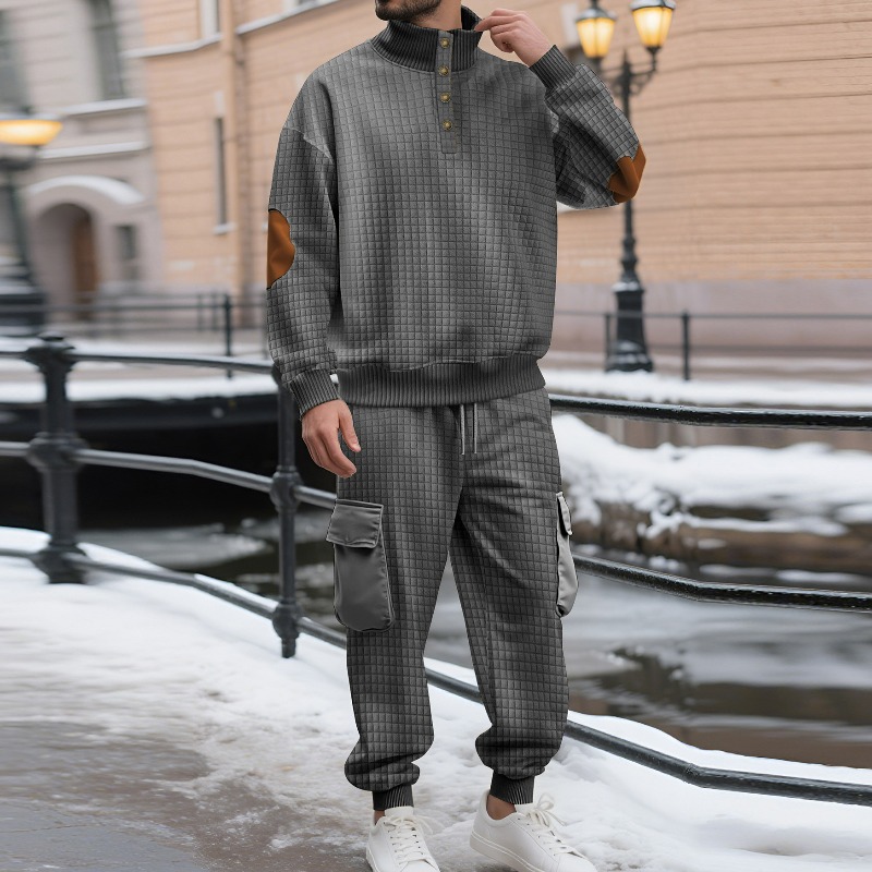 Men'S Fashion Loose Pants - KIDWHXR 男性秋スウェットシャツセットファッションチェック柄スタンドカラープルオーバー男カーゴパンツ男性ルーズスポーツカジュアル 2 ピース衣装
