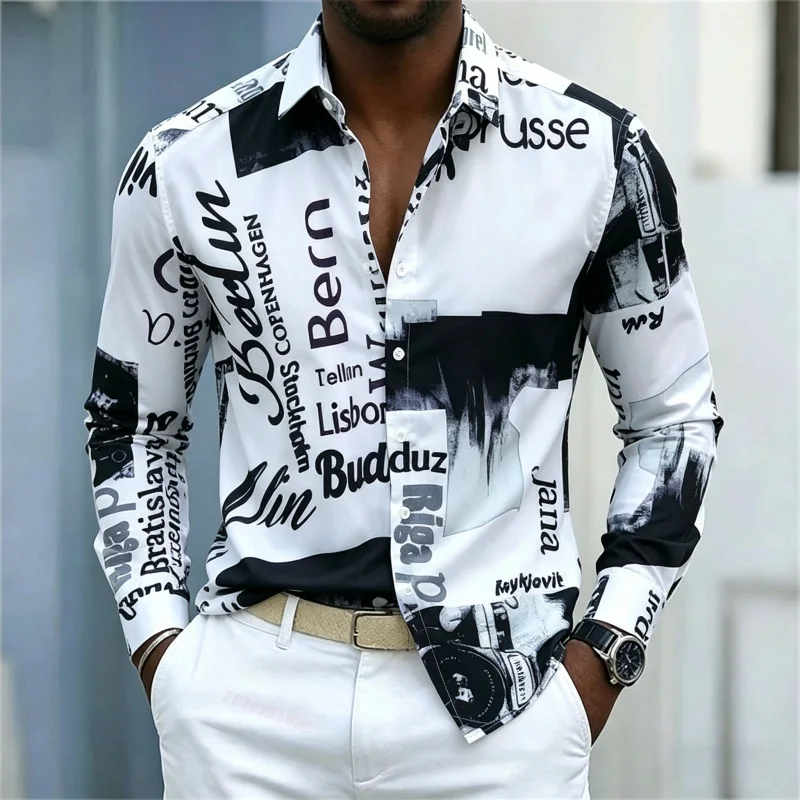 Mens Fashion Summer - メンズプリント長袖シャツ、スリムフィット、襟付き、ストリートスタイルカジュアルシャツ