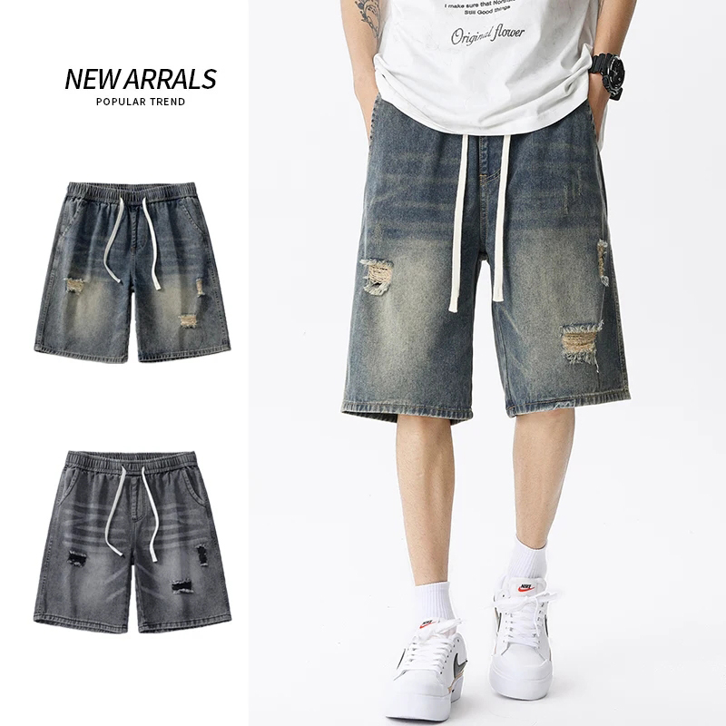 Men'S Fashion Loose Pants - メンズデニムジーンズ,レトロなストリートウェア,ブルー,グレー,ストレッチ,ストレート,ルーズ,ファッショナブル,カジュアル,夏