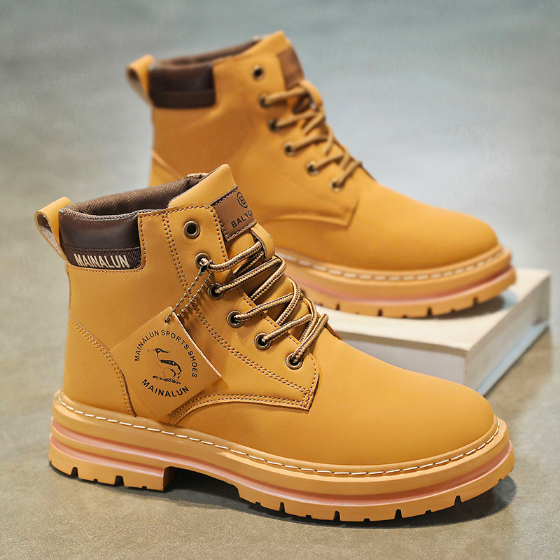 Men'S Fashion News - クラシックメンズハイカットブーツ高品質イエローレザーブーツファッションアウトドアスニーカーメンズレースアップ滑り止めアンクルブーツメンズ