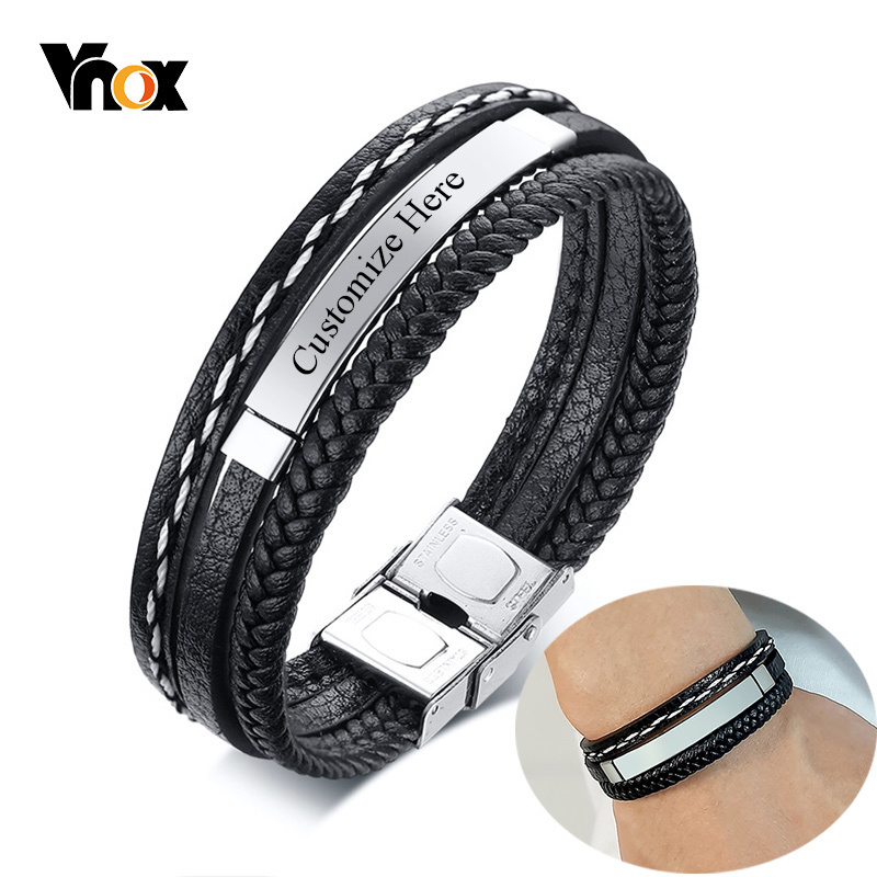 Men'S Fashion Quotes - Vnox カスタムロゴ名引用刻まれた多層レザーブレスレット男性用ステンレス鋼 ID バングルパーソナライズお父さんお父さんギフト