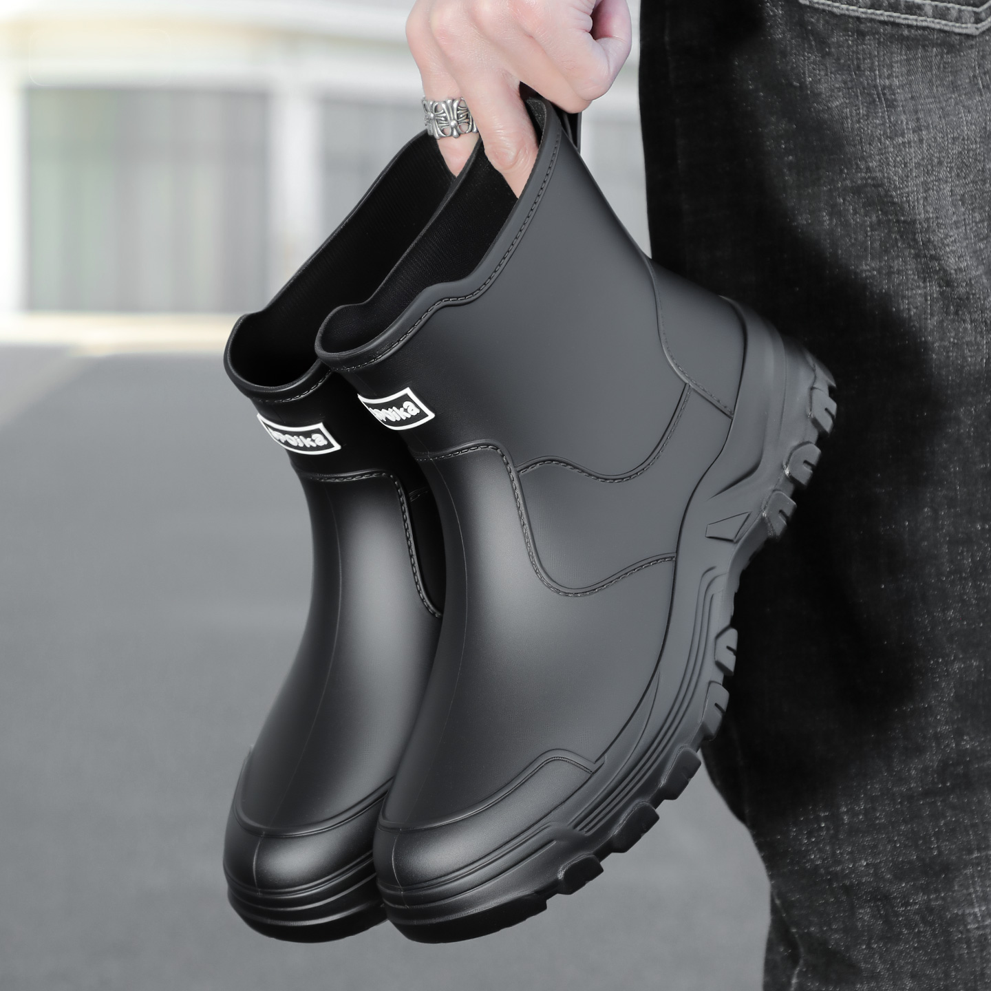 Men'S Fashion Hiking Boots - 新しい滑り止め防水レインシューズ（メンズ）、おしゃれなショート丈秋冬用コットンレインブーツ、ワークブーツ、ラバーブーツ
