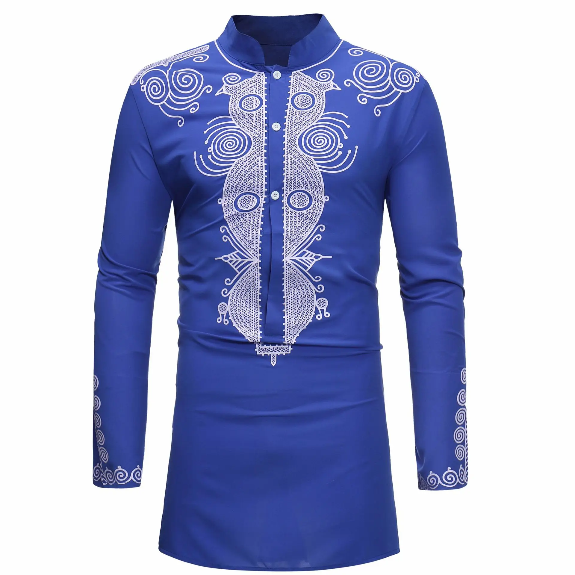 Men'S Fashion Kurta - スタンド襟イスラム教徒シャツ男性服民俗カフタンmusulman kurtaインドイスラム服国民プリント長袖シャツ