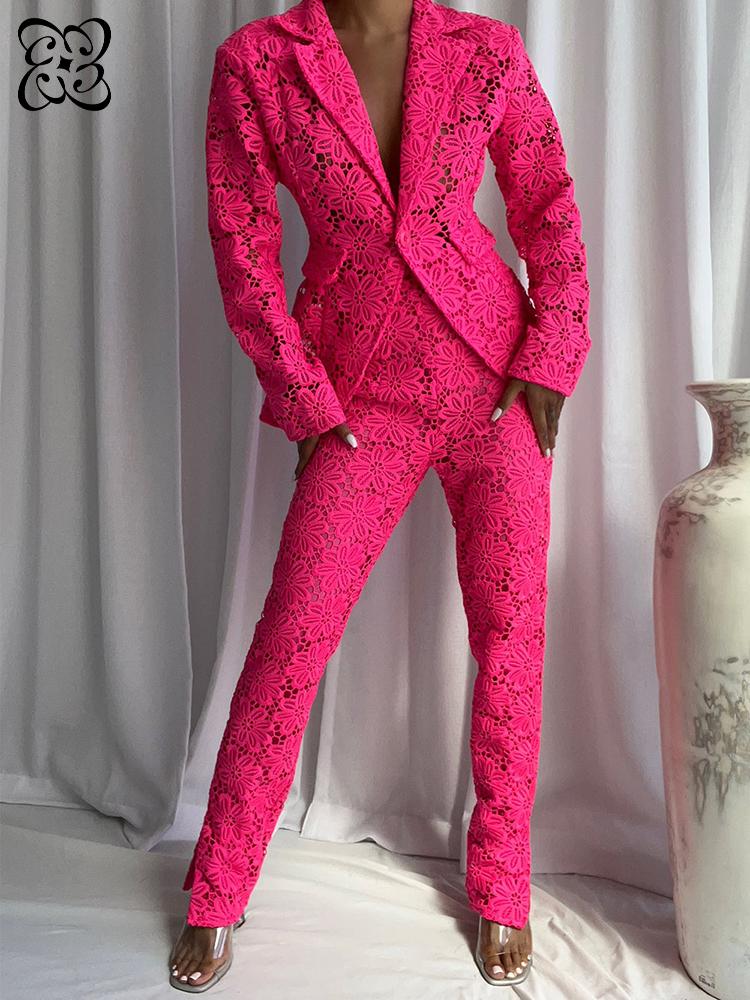 Slim Fit Blazer Men - ホットピンクのレースのツーピースセット、女性用花柄透かし彫りシースルーブレザージャケット＆スリムフィットパンツ、エレガントなパーティスーツ2026