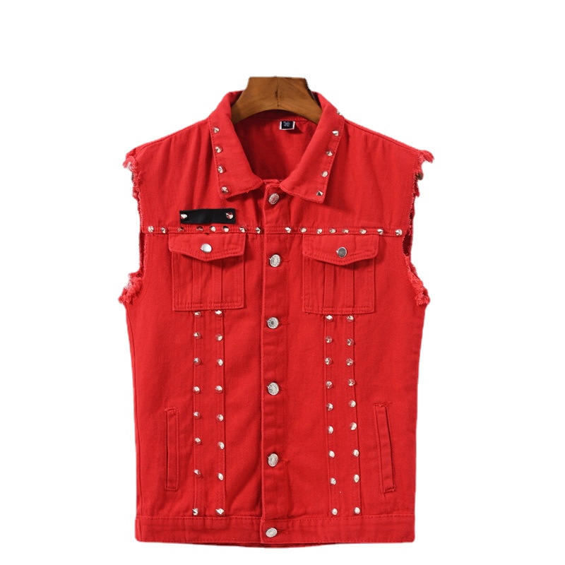 Men'S Fashion Vest With Jeans - 男性リベットパンクスタイルデニムベストジャケット新しいファッション男性オートバイデニムチョッキスリムフィットトレンディなジーンズコートベストサイズ 5XL