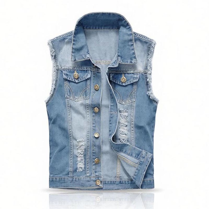 Men'S Fashion Vest With Jeans - メンズプラスサイズライトブルー/ブラックデニムベストリップドスリーブレスジーンジャケットファッションストリートウェアカジュアルチョッキ