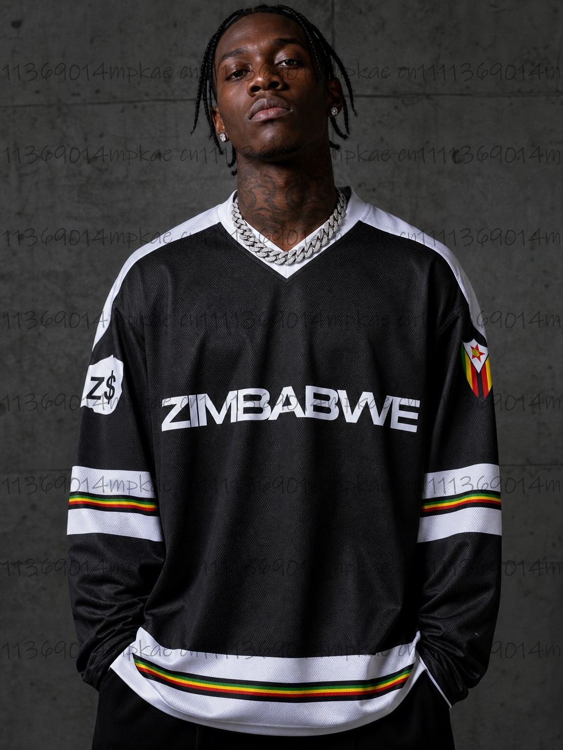 Mens Fashion Top - メンズジンバブエプリントVネック長袖Tシャツ、カジュアルサマースポーティスタイル、ファッショナブルレトロストリートウェアトップ