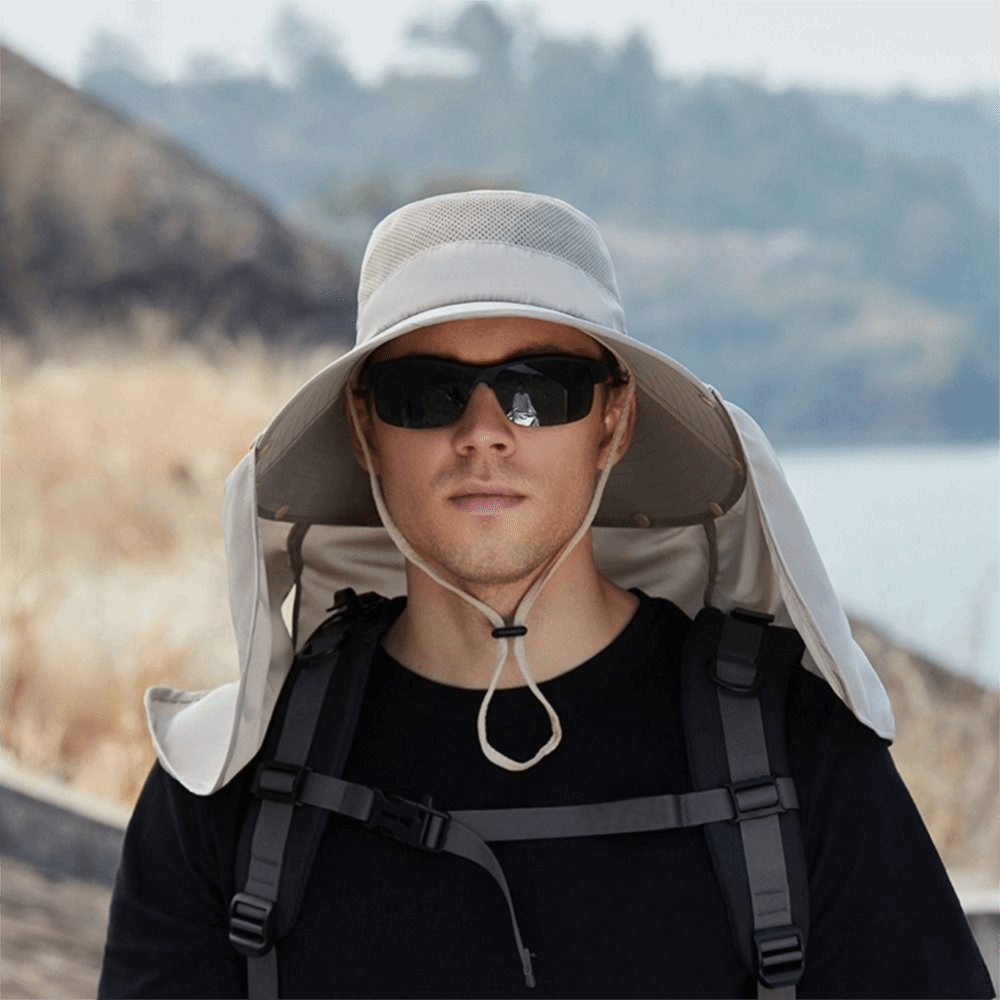 Mens Fashion Caps - ファッション布男性用サンハット大きなつば取り外し可能なショール夏バケットハットストラップ付き紫外線防止女性用バイザーキャップビーチ