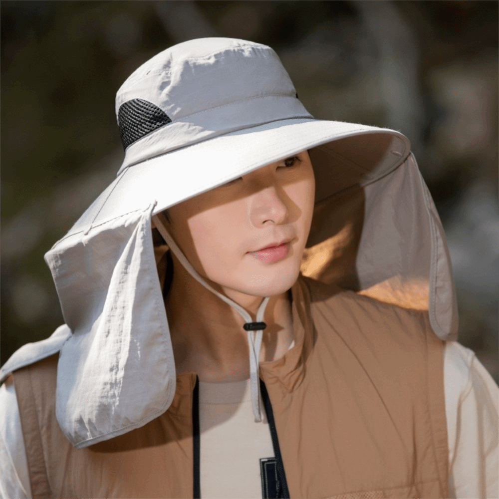 Mens Fashion Caps - ファッション布男性用サンハット大きなつば取り外し可能なショール女性用バイザーキャップストラップ付き首保護フィッシャーマンハット釣り用