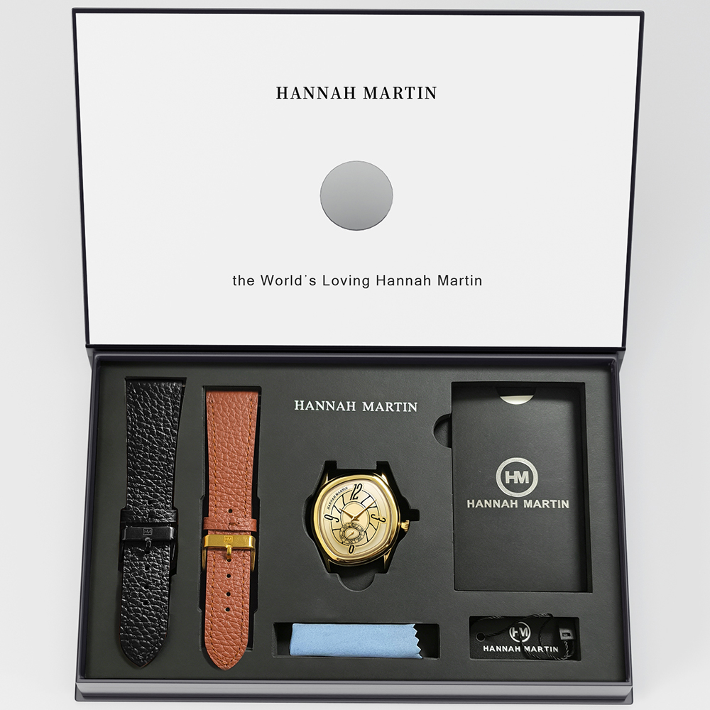 Fashion Mens Watches - ハンナ・マーティン ハイエンドメンズ腕時計 クリエイティブレザー 高級感漂うギフトボックスセット ゴールド ドリーミーな幾何学模様ケース