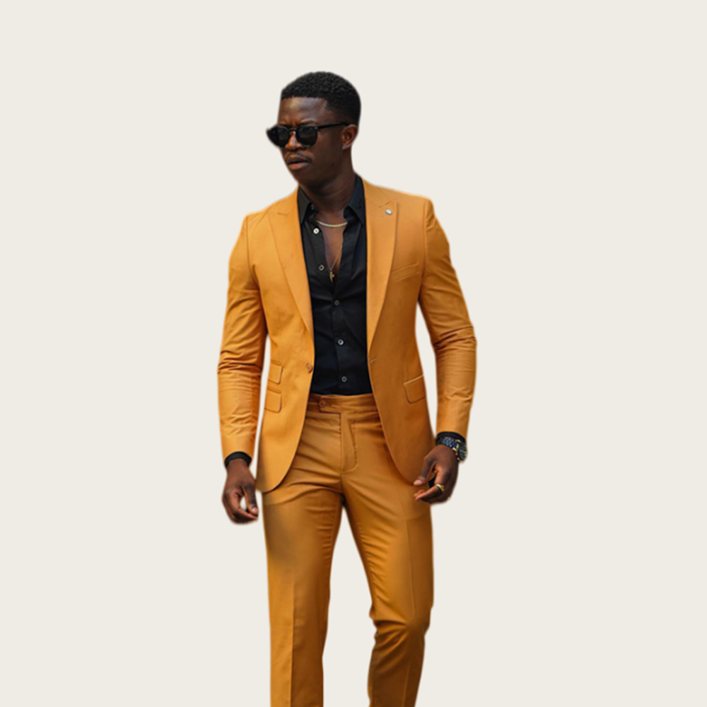 Slim Fit Blazer Men - マスタードイエロー メンズスーツ 2ピース タキシード スリムフィット シングルブレスト