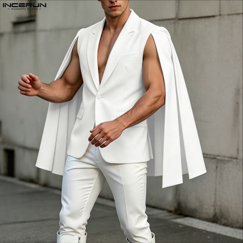 Mens Fashion Poncho - INCERUN メンズ不規則なブレザー無地マントケープラペル 1 ボタンカジュアル男性スーツストリート 2026 ファッションポンチョ男性のための