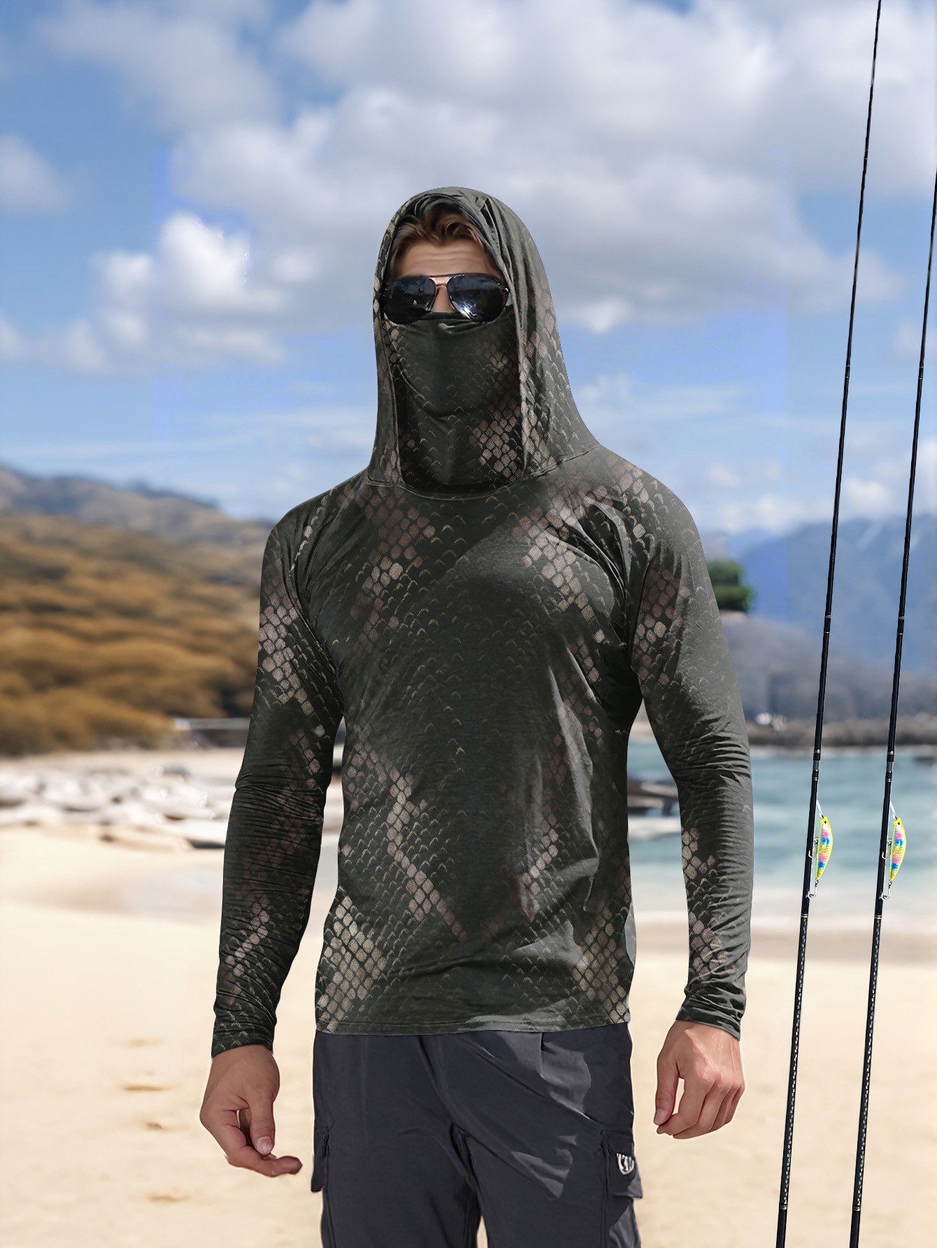 Mens Fashion Summer - メンズフィッシングフード付き長袖迷彩柄日焼け止め通気性UVカット軽量吸汗速乾フィッシングシャツ