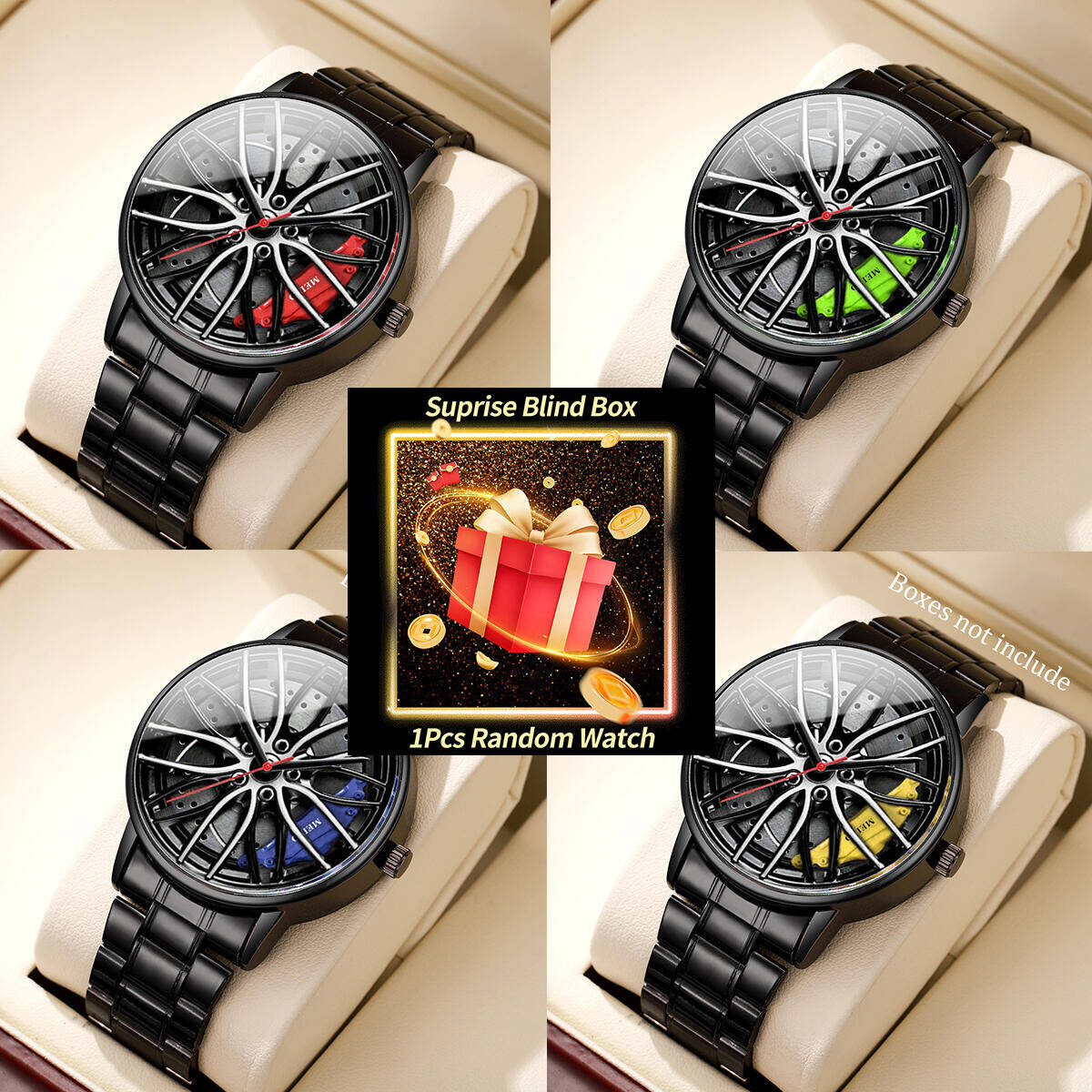 Fashion Mens Watches - 1PC サプライズミステリーウォッチブラインドボックス-ファッションメンズスポーツウォッチ 3D 車のホイールステンレススチールバンド腕時計（箱なし）