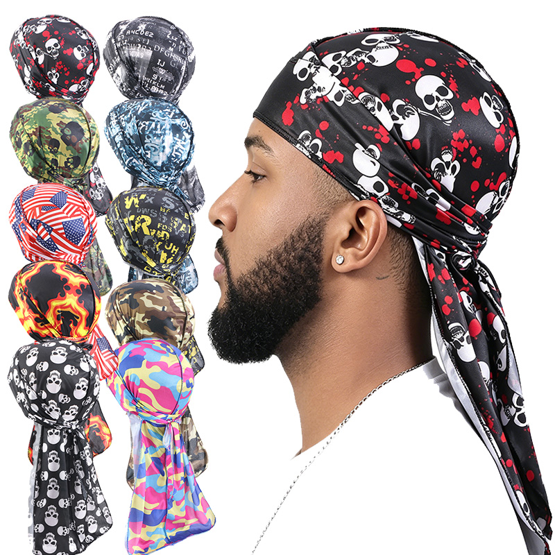 Mens Fashion Caps - 3 個ファッションロングテールデュラグキャップトレンディ模擬シルクキャップ炎スケルトンヘッドバンド男性用ヘアアクセサリー