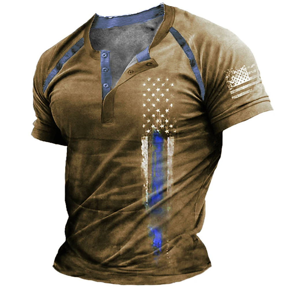 Men'S Fashion Usa - 面白い 3D アメリカ国旗プリントメンズヘンリーシャツファッションヘンリーカラー半袖トップス夏ストリートヴィンテージ服カジュアル Tシャツ