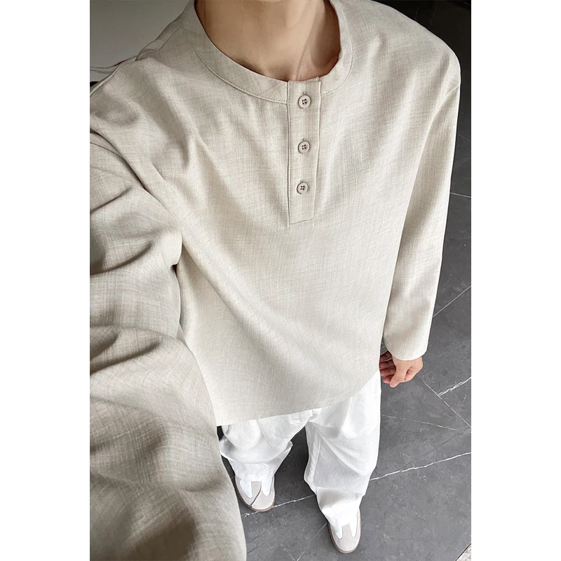 Mens Fashion Summer - メンズカジュアルフェイクリネンヘンリーティー、長袖、3ボタンプラケット、リラックスフィット、バケーションスタイル、軽量シャツ
