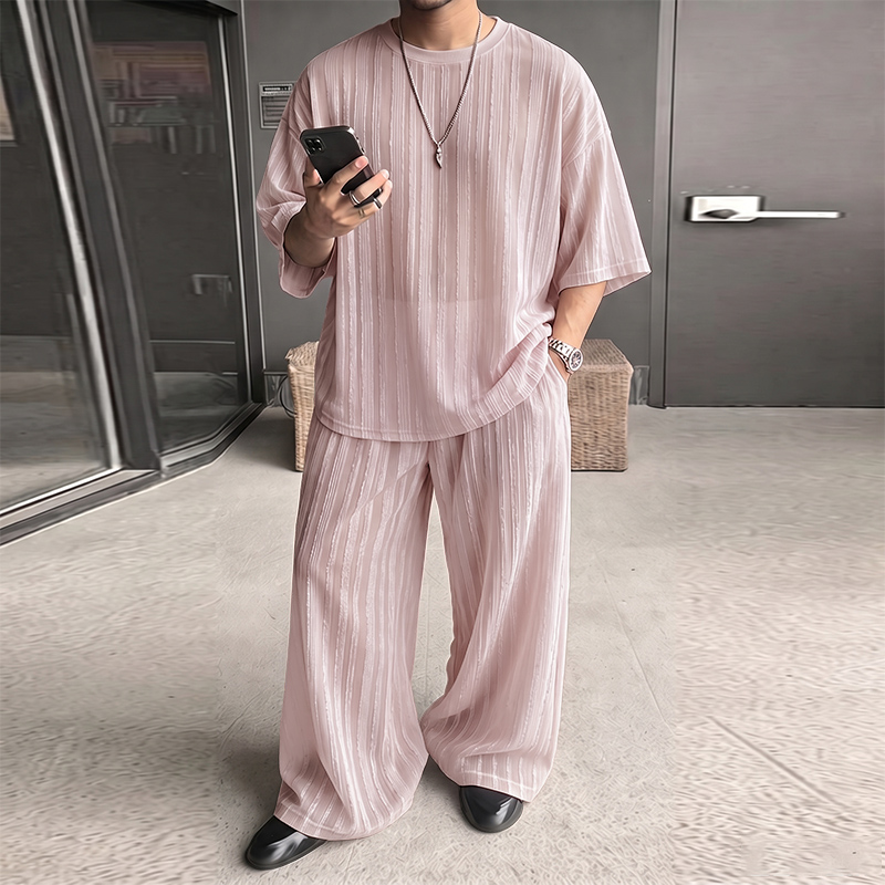 Men'S Fashion Loose Pants - INCERUN メンズセット ストライプ柄 シースルー 半袖Tシャツ パンツ