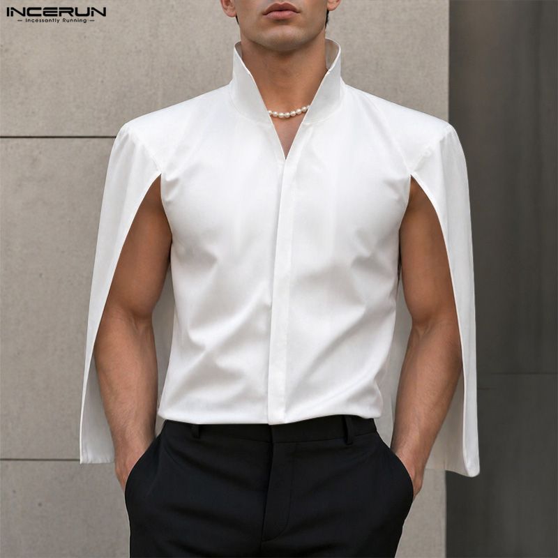 Mens Fashion Poncho - INCERUN メンズシャツ無地スタンドカラーカジュアルポンチョマント男性用トップスストリートウェア個性 2026 ルーズ男性服