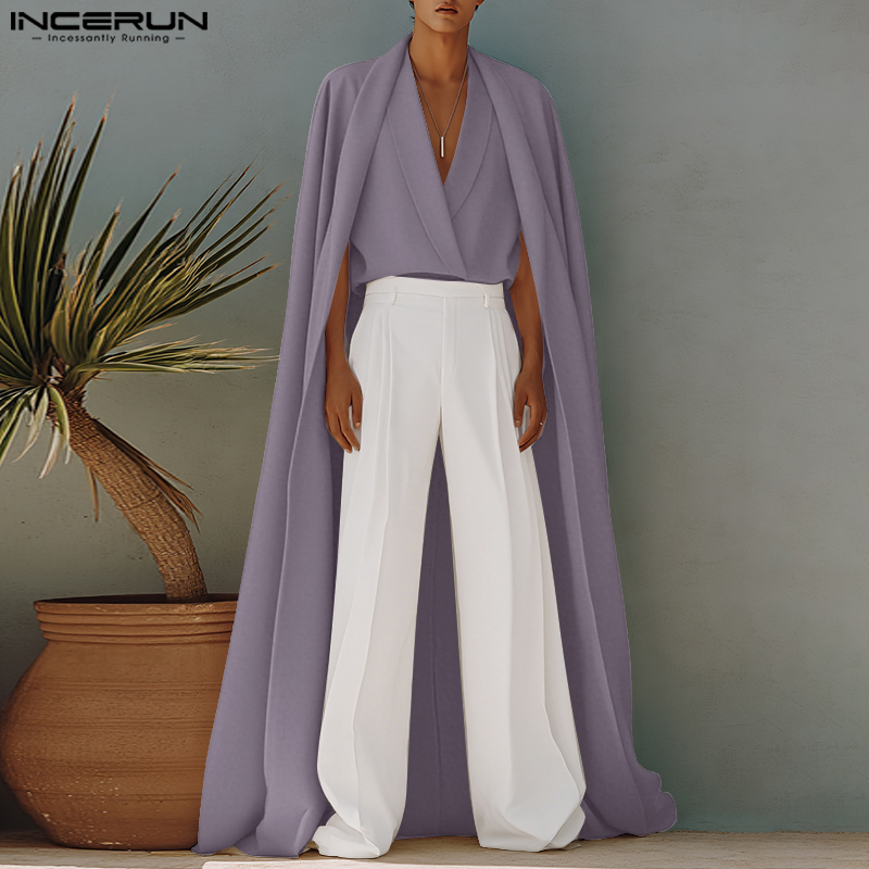 Mens Fashion Poncho - INCERUN メンズ ロングスタイルシャツ 無地 フェイクツーピース ケープポンチョシャツ