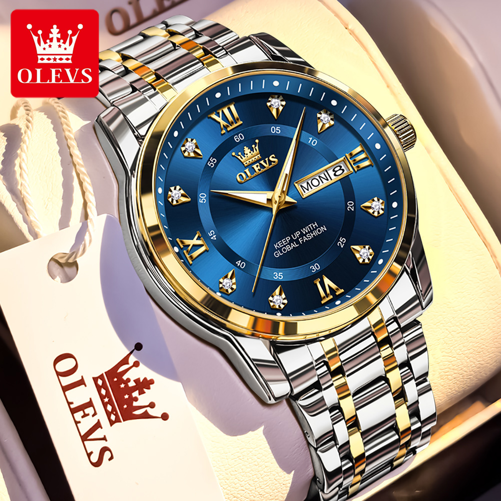 Fashion Mens Watches - OLEVS ブランドファッションメンズ腕時計ステンレス鋼防水クォーツ腕時計発光オリジナル腕時計男性用デュアルカレンダー