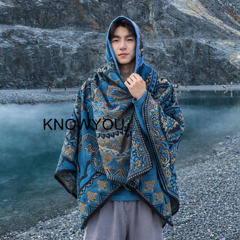 Mens Fashion Poncho - メンズ厚手アウトドア旅行用ショール帽子付き暖かいマント男性ポンチョナショナルスタイルファッショナブルな多用途ショルダーラップ