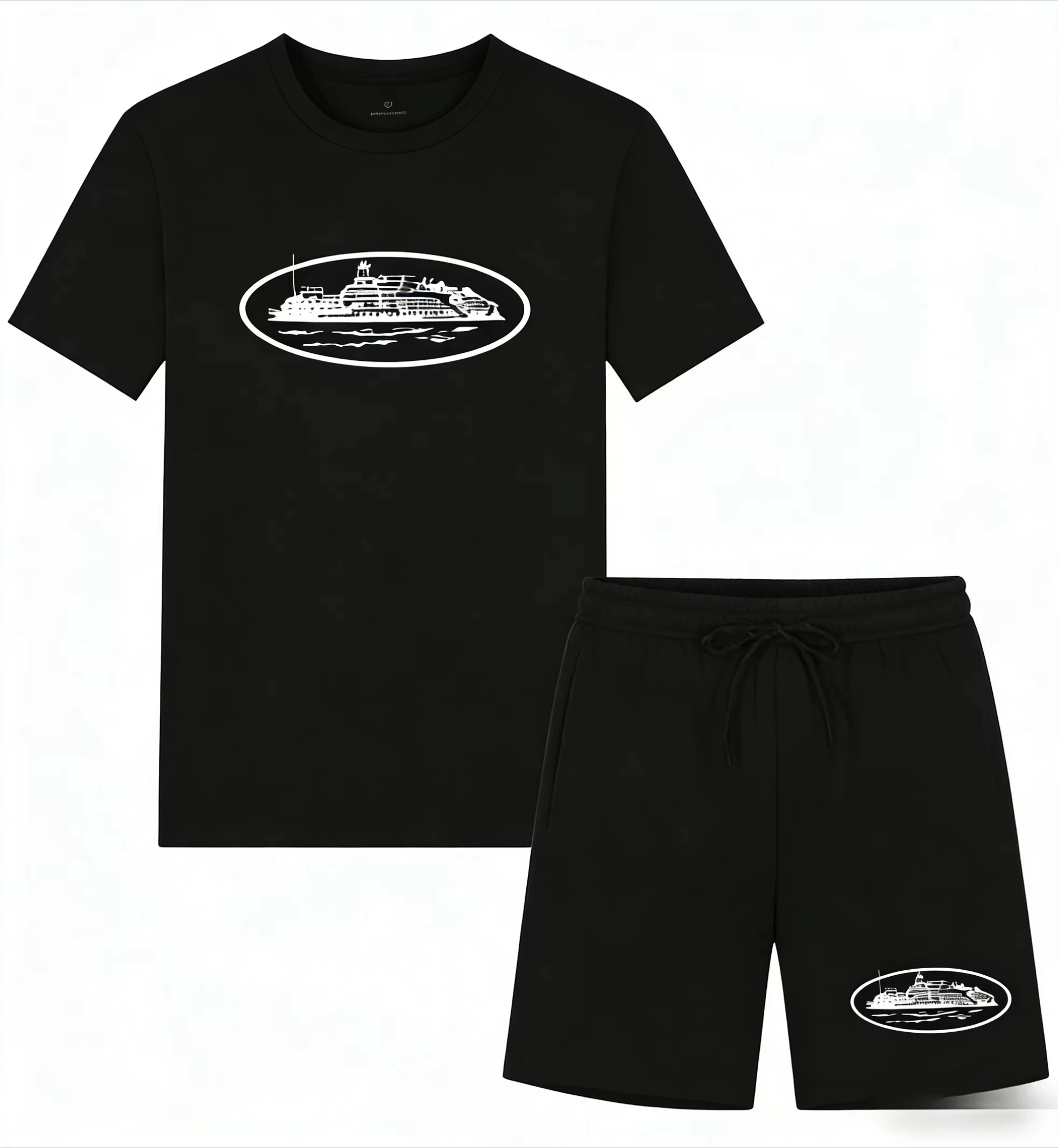 Men'S Fashion Brands - 2026年夏新作 小型ボートプリント ツーピースTシャツ＆ショートパンツ ルーズラウンドネック 通気性ハーフスリーブ カジュアルファッションブランド