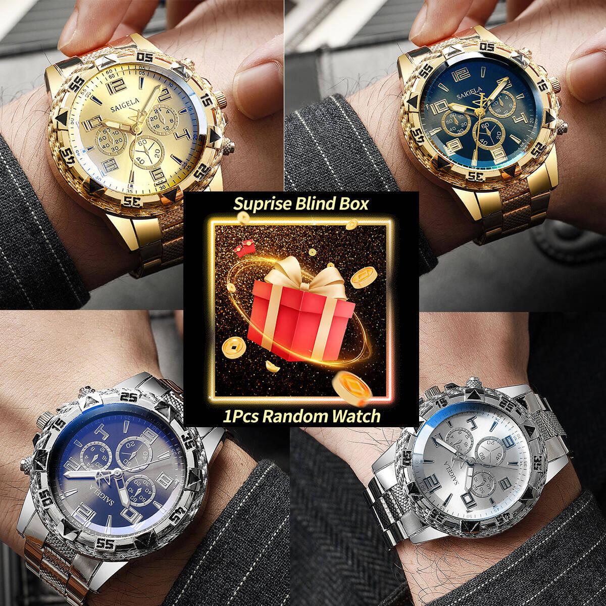 Fashion Mens Watches - 1PC サプライズミステリー腕時計ブラインドボックス-メンズビジネス腕時計ファッションアラビアダイヤルスチールバンド男性のクォーツ時計リロイ Hombre