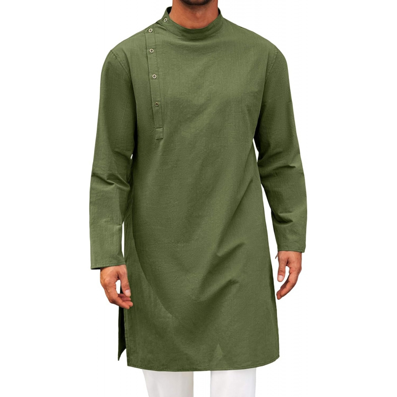 Men'S Fashion Kurta - メンズカフタン・トーブ・ローブ、長袖コットンヘンリーシャツ、カジュアルムスリムガウン、サルワール・クルタ