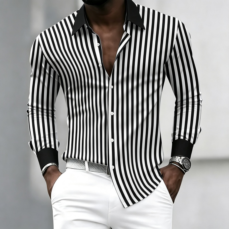 Mens Fashion Summer - メンズ長袖襟付きシャツ、黒と白の縦縞、コントラストカラーと袖口デザイン、すっきりとしたスリムフィット。