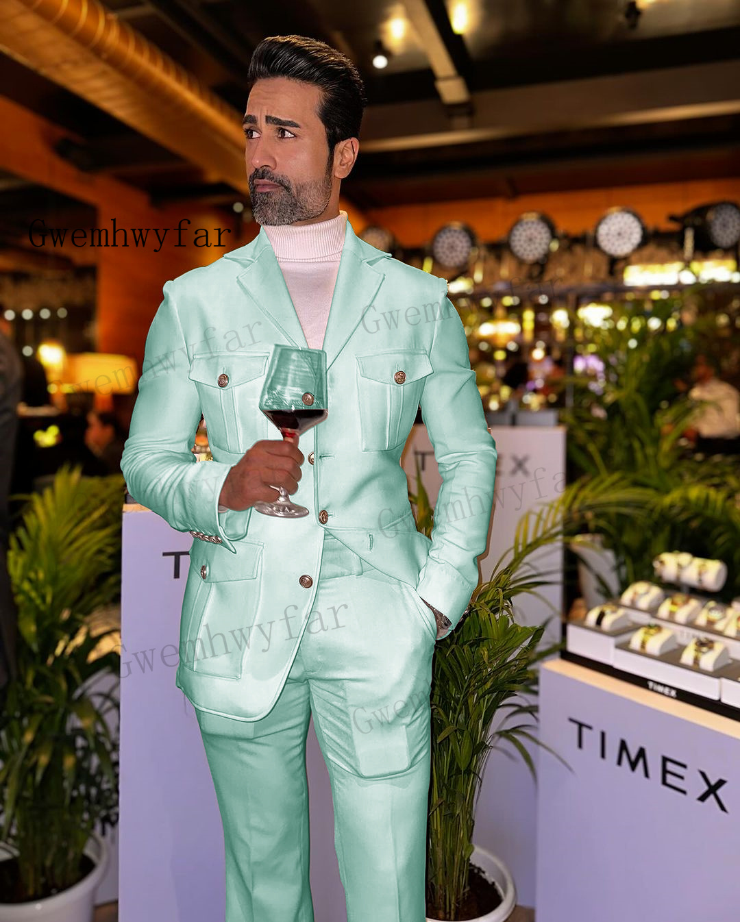 Slim Fit Blazer Men - Gwenhwyfar-メンズアフリカスリムフィットスーツ、新郎タキシード、テルノ、メンズブレザーセット、新郎の結婚式のウエディングコスチューム、ミントグリーン、2個