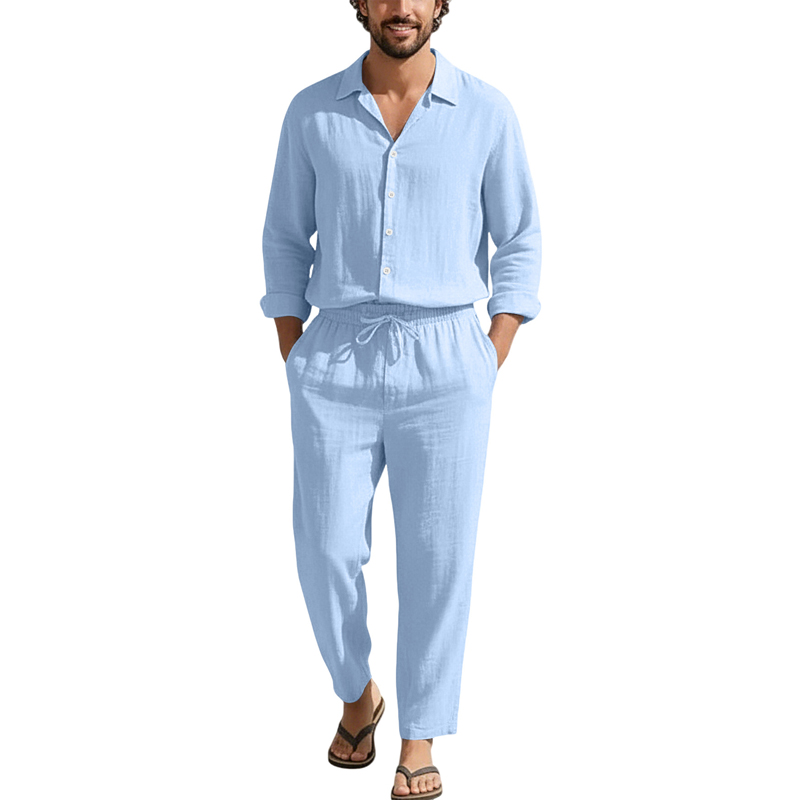 Men'S Fashion Loose Pants - 春夏リネンカジュアルセットゆったりビーチ長袖シャツ+ロングパンツ無地通気性ターンダウンカラーファッションセット