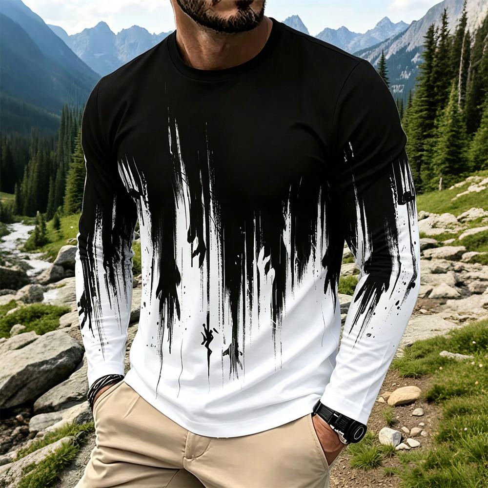 Mens Fashion Top - メンズグラデーションインクスプラッシュ長袖Tシャツカジュアルストリートウェアクルーネックトップス新作ファッション通気性プリントベースレイヤーシャツ