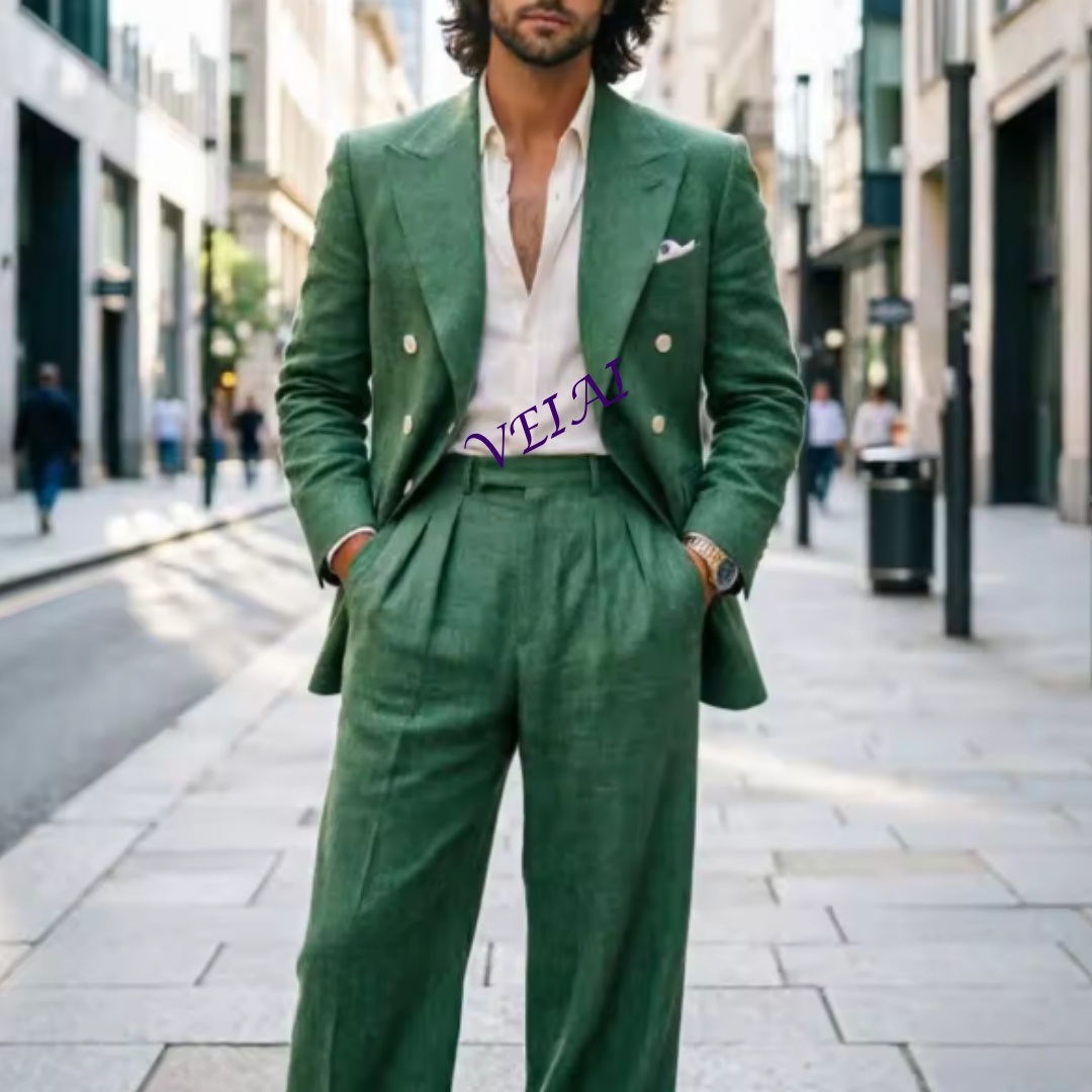 Slim Fit Blazer Men - ライトブルーのリネン製ダブルブレスト2ピースウェディングスーツ、スリムフィット、ゴールドボタンのブレザーとパンツ、カスタマイズされたリラックスした仕立て。