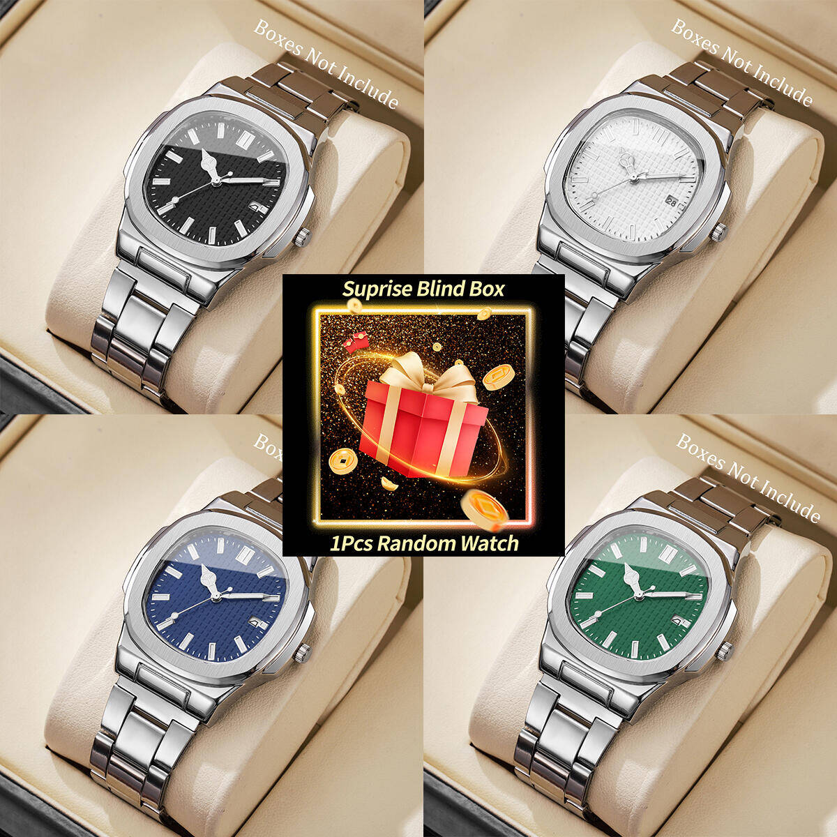 Fashion Mens Watches - 1PC サプライズミステリーウォッチブラインドボックス-ファッションスクエアメンズビジネスウォッチシンプルカレンダークォーツ時計リロイ Hombre (箱なし)