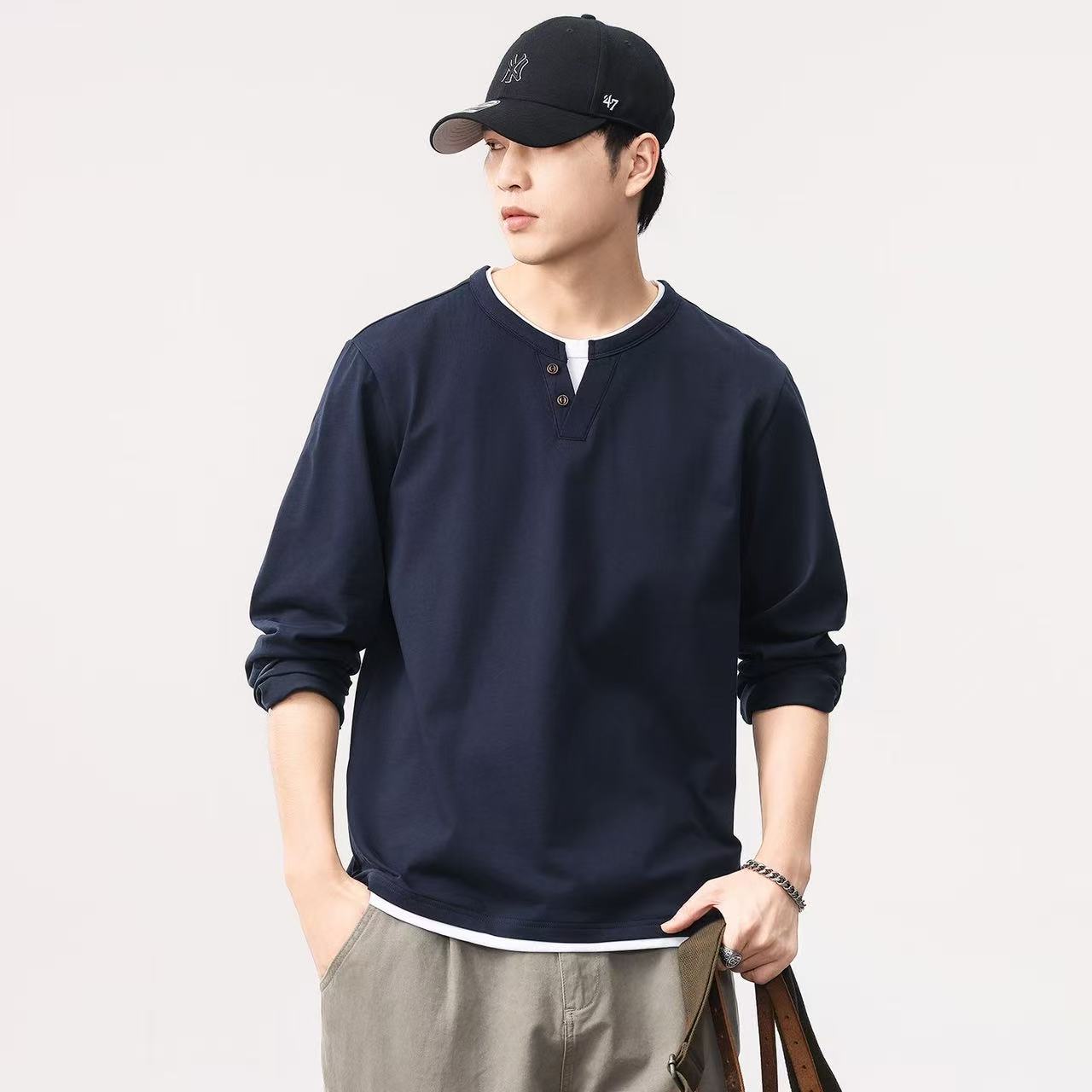 Men'S Fashion Usa - 新しい春と秋のメンズ長袖無地シャツ、スタンドカラー快適なボタンダウンファッショナブルなスリムシャツ S-2XL