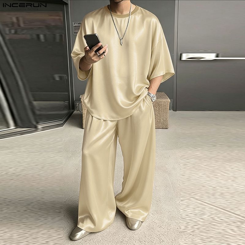 INCERUN メンズセットアップ 無地 ルーズ シャイニー - Men'S Fashion Loose Pants のレビューと価格