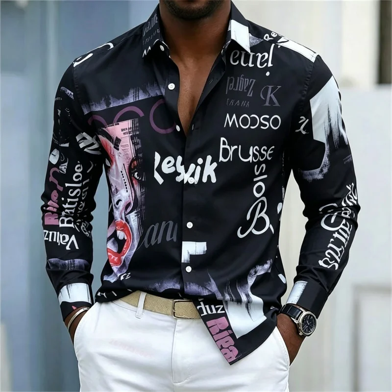 メンズプリント長袖シャツ、スリムフィット、襟付き、ストリート - Mens Fashion Summer のレビューと価格