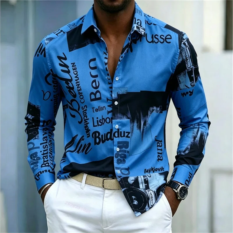 メンズプリント長袖シャツ、スリムフィット、襟付き、ストリート - Mens Fashion Summer のレビューと価格