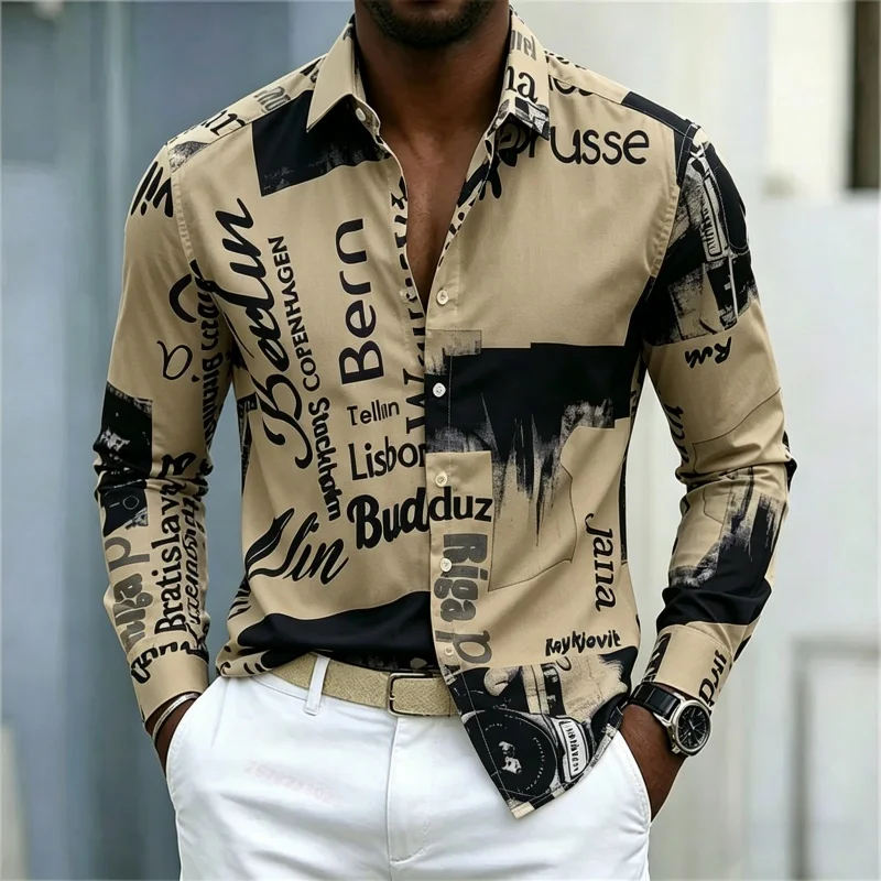 メンズプリント長袖シャツ、スリムフィット、襟付き、ストリート - Mens Fashion Summer のレビューと価格
