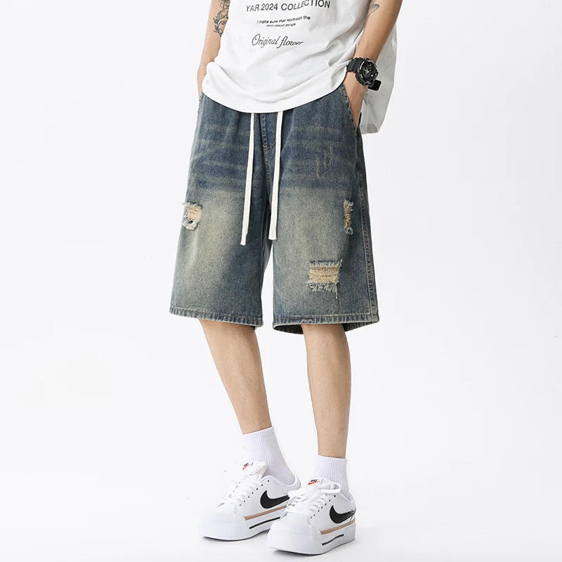 メンズデニムジーンズ,レトロなストリートウェア,ブルー,グレ - Men'S Fashion Loose Pants のレビューと価格