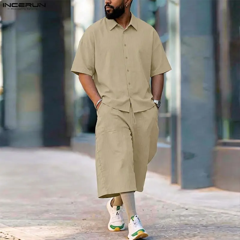 INCERUN メンズセットソリッドラペル半袖シャツパンツツ - Men'S Fashion Loose Pants のレビューと価格