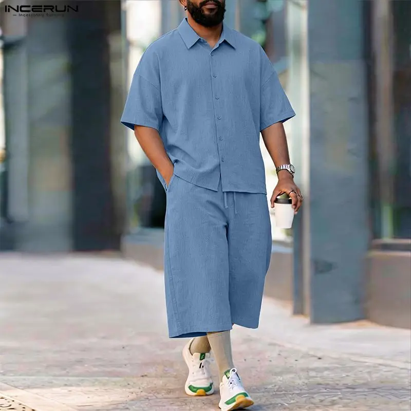 INCERUN メンズセットソリッドラペル半袖シャツパンツツ - Men'S Fashion Loose Pants のレビューと価格
