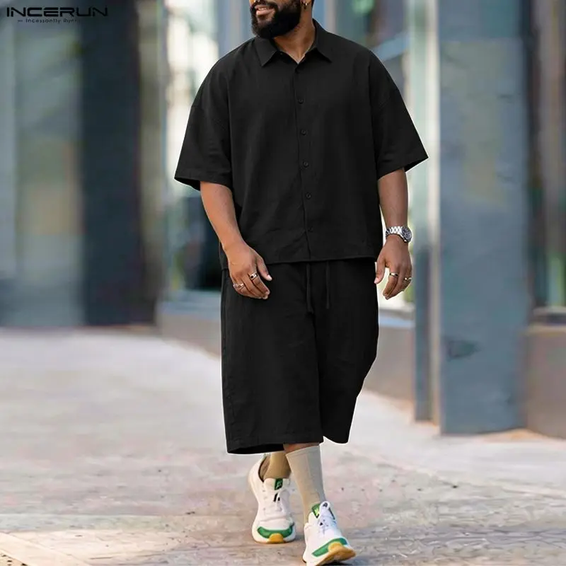 INCERUN メンズセットソリッドラペル半袖シャツパンツツ - Men'S Fashion Loose Pants のレビューと価格